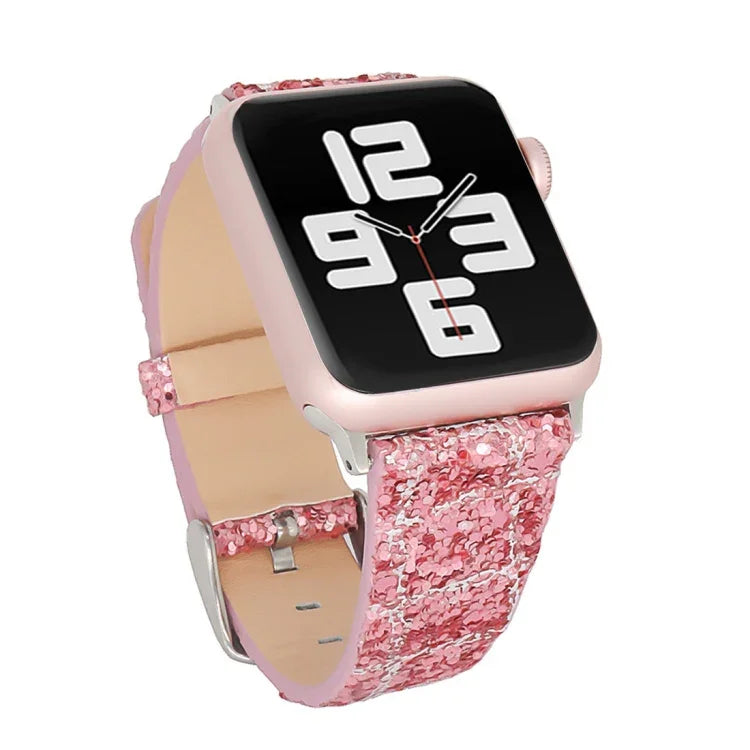 Pulseira de Substituição em Pele com Lantejoulas Brilhantes, Para Apple Watch 5 & 4 44mm / 3 & 2 & 1 42mm, Para Apple Watch Series 7 41mm / 6 & SE & 5 & 4 40mm / 3 & 2 & 1 38mm, Para Apple Watch Series 8&7 41mm / SE 2&6&SE&5&4 40mm / 3&2&1 38mm