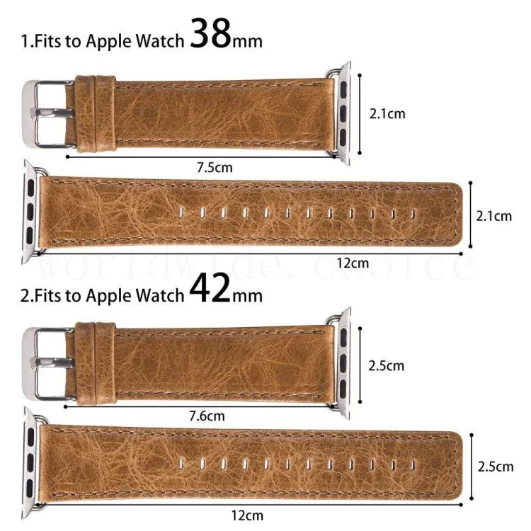 Pulseira de Substituição em Pele Genuína com Textura Retro Crazy Horse e Cauda Redonda, Para Apple Watch 5 & 4 44mm / 3 & 2 & 1 42mm, Para Apple Watch Series 7 41mm / 6 & SE & 5 & 4 40mm / 3 & 2 & 1 38mm