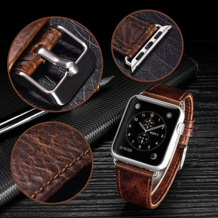 Pulseira de Substituição em Pele Genuína com Textura Retro Crazy Horse e Cauda Redonda, Para Apple Watch 5 & 4 44mm / 3 & 2 & 1 42mm, Para Apple Watch Series 7 41mm / 6 & SE & 5 & 4 40mm / 3 & 2 & 1 38mm