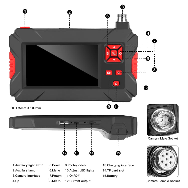 Endoscópio digital P30 8mm 1080P IP68 impermeável com ecrã de 4,3 polegadas e câmara dupla, cabo rígido de 2m, cabo rígido de 5m, cabo rígido de 10m
