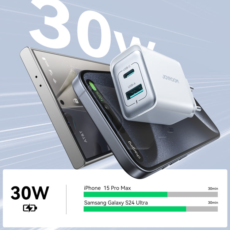JOYROOM JR-TCF15 Carregador Rápido 30W USB+USB-C / Tipo-C, Ficha UE, Ficha Reino Unido