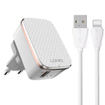 LDNIO A1204Q Carregador Rápido USB QC3.0 18W com Cabo USB para 8 Pinos de 1m, Ficha UE, Ficha Reino Unido, Ficha EUA