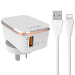 LDNIO A1204Q Carregador Rápido USB QC3.0 18W com Cabo USB para 8 Pinos de 1m, Ficha UE, Ficha Reino Unido, Ficha EUA