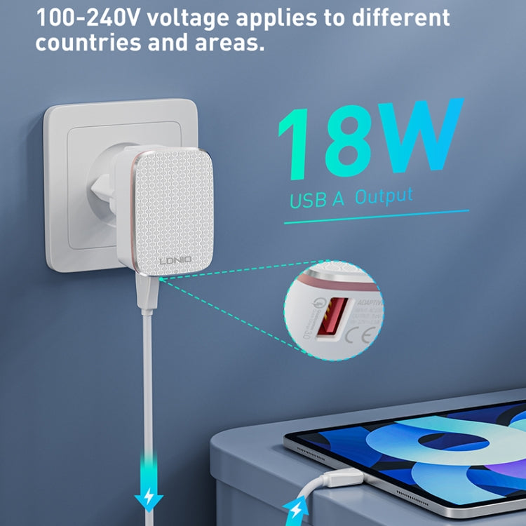 LDNIO A1204Q Carregador Rápido USB QC3.0 18W com Cabo USB para 8 Pinos de 1m, Ficha UE, Ficha Reino Unido, Ficha EUA