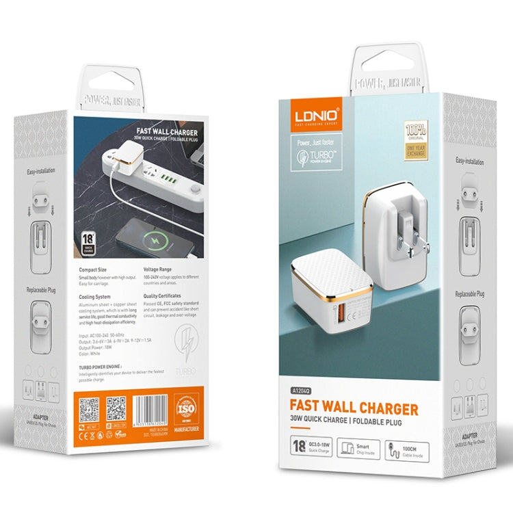 LDNIO A1204Q Carregador Rápido USB QC3.0 18W com Cabo USB para 8 Pinos de 1m, Ficha UE, Ficha Reino Unido, Ficha EUA