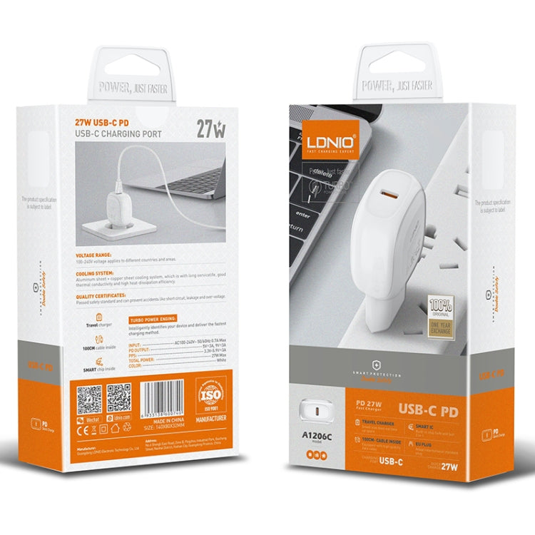 LDNIO A1206C Carregador Rápido PD27W USB-C / Tipo-C com Cabo 8 Pinos de 1m, Ficha UE