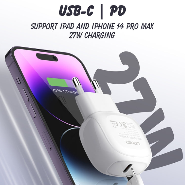 LDNIO A1206C Carregador Rápido PD27W USB-C / Tipo-C com Cabo 8 Pinos de 1m, Ficha UE