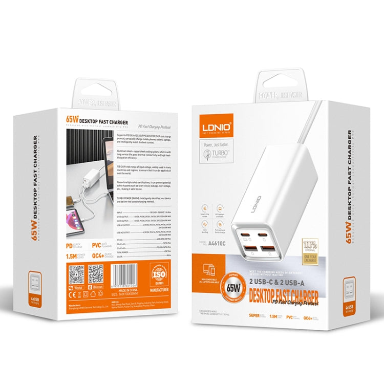 Carregador Rápido LDNIO A4610C PD65W Dual USB-C / Type-C + Dual USB, Comprimento do Cabo: 1,5m, Ficha UE, A4610C (Ficha UK), Ficha US