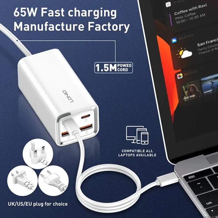 Carregador Rápido LDNIO A4610C PD65W Dual USB-C / Type-C + Dual USB, Comprimento do Cabo: 1,5m, Ficha UE, A4610C (Ficha UK), Ficha US