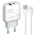 LDNIO Q229 Carregador Rápido QC3.0 / PD20W USB + Tipo-C com Cabo USB para 8 Pinos de 1m, Ficha UE, Ficha Reino Unido, Ficha EUA