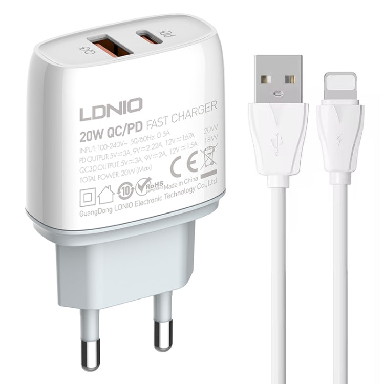 LDNIO Q229 Carregador Rápido QC3.0 / PD20W USB + Tipo-C com Cabo USB para 8 Pinos de 1m, Ficha UE, Ficha Reino Unido, Ficha EUA