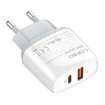 LDNIO Q229 Carregador Rápido QC3.0 / PD20W USB + Tipo-C com Cabo USB para 8 Pinos de 1m, Ficha UE, Ficha Reino Unido, Ficha EUA