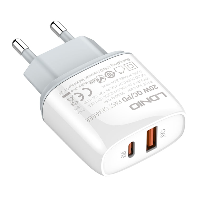 LDNIO Q229 Carregador Rápido QC3.0 / PD20W USB + Tipo-C com Cabo USB para 8 Pinos de 1m, Ficha UE, Ficha Reino Unido, Ficha EUA