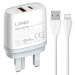 LDNIO Q229 Carregador Rápido QC3.0 / PD20W USB + Tipo-C com Cabo USB para 8 Pinos de 1m, Ficha UE, Ficha Reino Unido, Ficha EUA