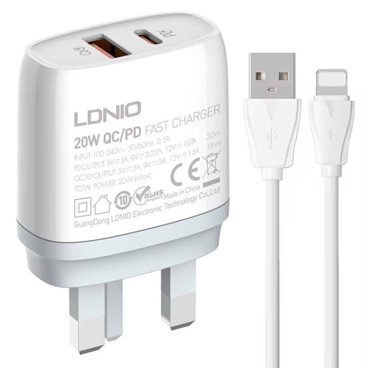 LDNIO Q229 Carregador Rápido QC3.0 / PD20W USB + Tipo-C com Cabo USB para 8 Pinos de 1m, Ficha UE, Ficha Reino Unido, Ficha EUA