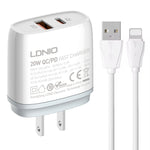 LDNIO Q229 Carregador Rápido QC3.0 / PD20W USB + Tipo-C com Cabo USB para 8 Pinos de 1m, Ficha UE, Ficha Reino Unido, Ficha EUA