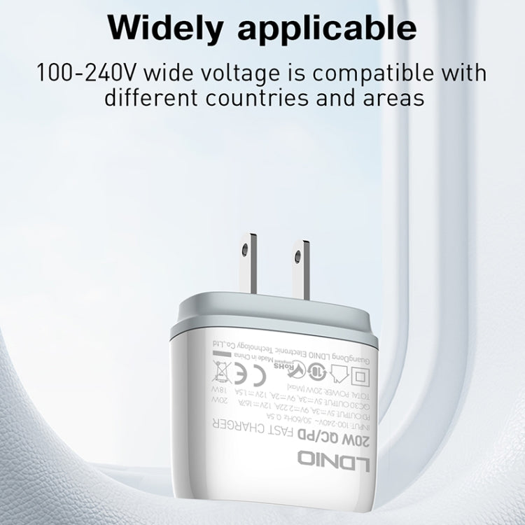 LDNIO Q229 Carregador Rápido QC3.0 / PD20W USB + Tipo-C com Cabo USB para 8 Pinos de 1m, Ficha UE, Ficha Reino Unido, Ficha EUA