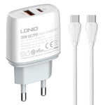 Carregador Rápido LDNIO Q229 QC3.0 / PD20W USB + Type-C com Cabo Type-C para Type-C de 1m, Ficha UE, Ficha UK, Ficha US