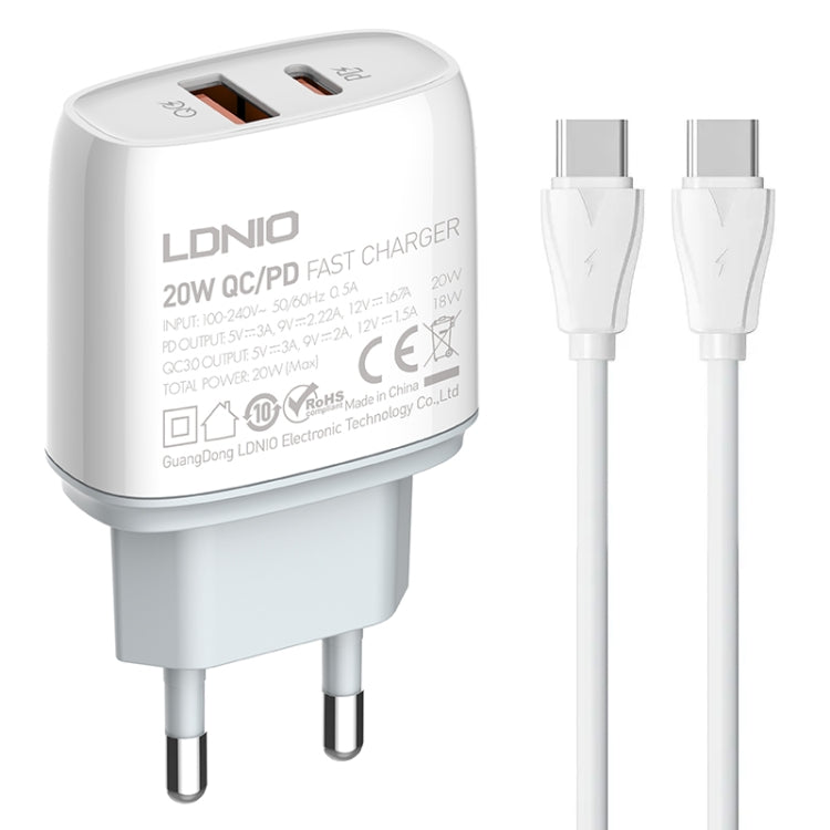 Carregador Rápido LDNIO Q229 QC3.0 / PD20W USB + Type-C com Cabo Type-C para Type-C de 1m, Ficha UE, Ficha UK, Ficha US