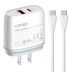 Carregador Rápido LDNIO Q229 QC3.0 / PD20W USB + Type-C com Cabo Type-C para Type-C de 1m, Ficha UE, Ficha UK, Ficha US