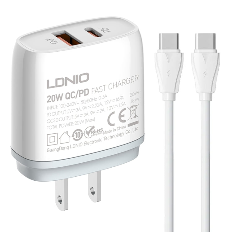 Carregador Rápido LDNIO Q229 QC3.0 / PD20W USB + Type-C com Cabo Type-C para Type-C de 1m, Ficha UE, Ficha UK, Ficha US