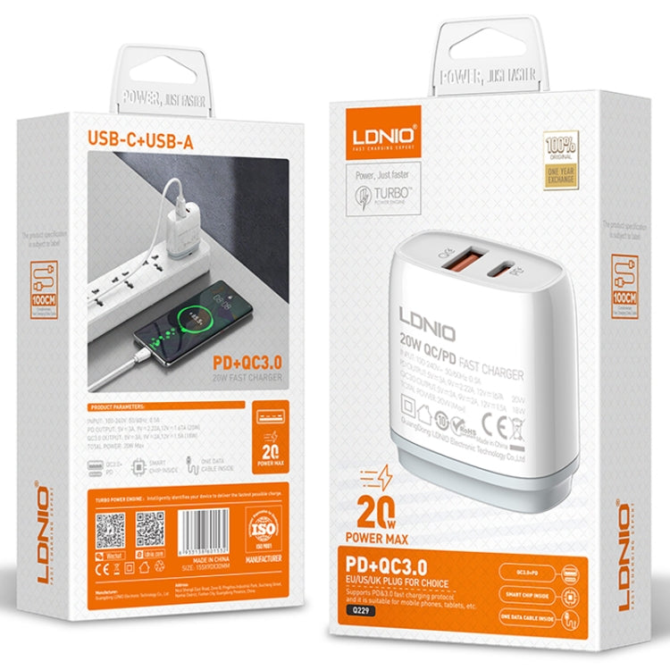 Carregador Rápido LDNIO Q229 QC3.0 / PD20W USB + Type-C com Cabo Type-C para Type-C de 1m, Ficha UE, Ficha UK, Ficha US