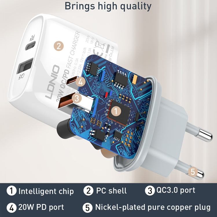 Carregador Rápido LDNIO Q229 QC3.0 / PD20W USB + Type-C com Cabo Type-C para Type-C de 1m, Ficha UE, Ficha UK, Ficha US