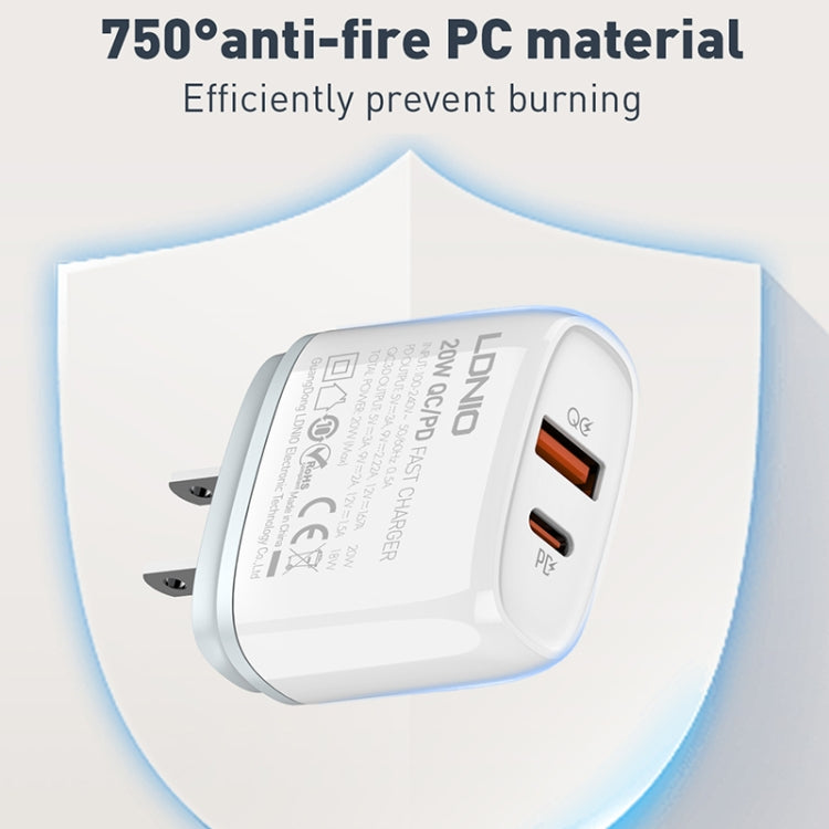 Carregador Rápido LDNIO Q229 QC3.0 / PD20W USB + Type-C com Cabo Type-C para Type-C de 1m, Ficha UE, Ficha UK, Ficha US