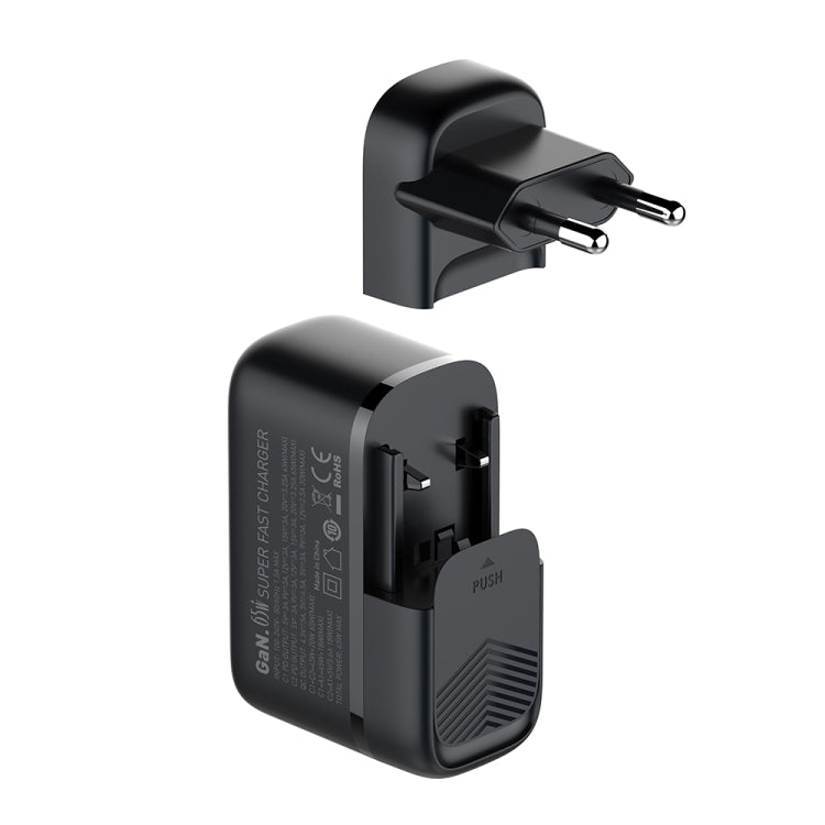 LDNIO Q366 Carregador 65W USB + Dupla Porta Tipo-C com Cabo de Dados USB-C / Tipo-C para USB-C / Tipo-C de 1m, Ficha UE, Ficha Reino Unido, Ficha EUA
