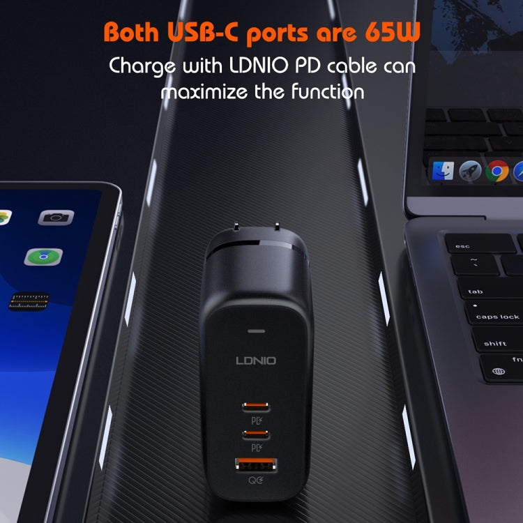 LDNIO Q366 Carregador 65W USB + Dupla Porta Tipo-C com Cabo de Dados USB-C / Tipo-C para USB-C / Tipo-C de 1m, Ficha UE, Ficha Reino Unido, Ficha EUA