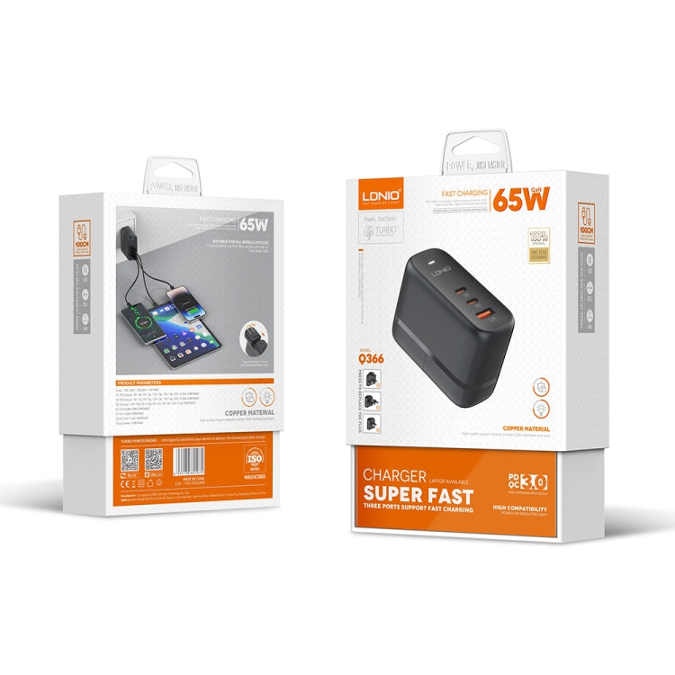 LDNIO Q366 Carregador 65W USB + Dupla Porta Tipo-C com Cabo de Dados USB-C / Tipo-C para USB-C / Tipo-C de 1m, Ficha UE, Ficha Reino Unido, Ficha EUA