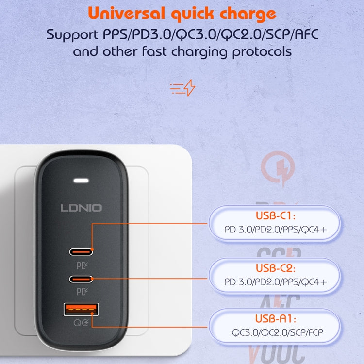 LDNIO Q366 Carregador 65W USB + Dupla Porta Tipo-C com Cabo de Dados USB-C / Tipo-C para USB-C / Tipo-C de 1m, Ficha UE, Ficha Reino Unido, Ficha EUA