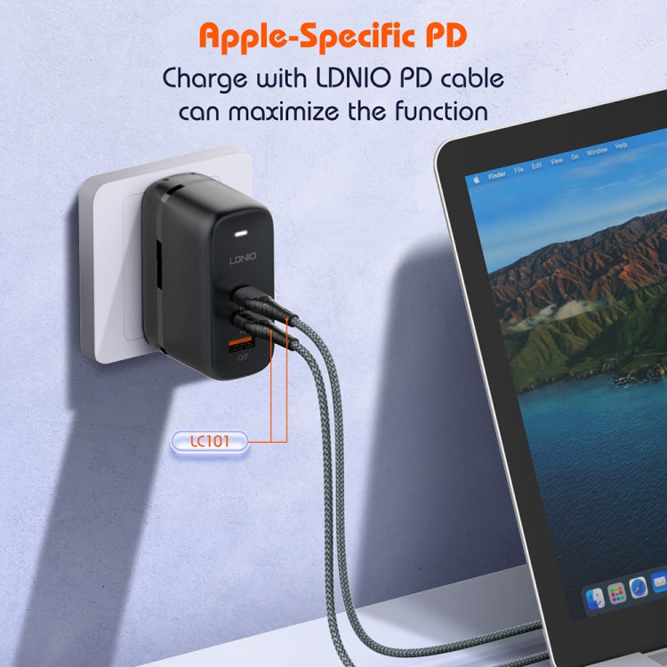 LDNIO Q366 Carregador 65W USB + Dupla Porta Tipo-C com Cabo de Dados USB-C / Tipo-C para USB-C / Tipo-C de 1m, Ficha UE, Ficha Reino Unido, Ficha EUA