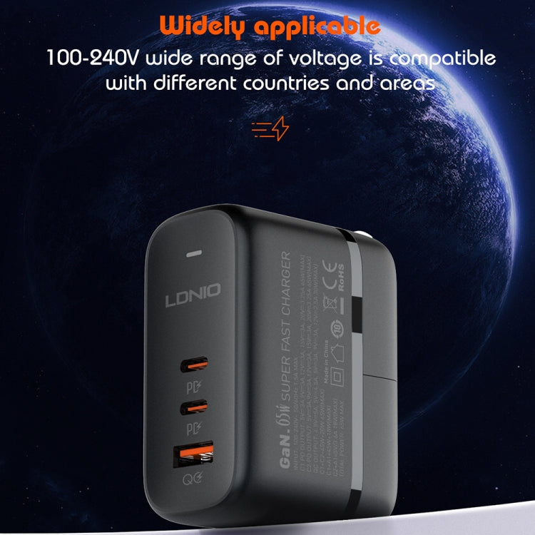 LDNIO Q366 Carregador 65W USB + Dupla Porta Tipo-C com Cabo de Dados USB-C / Tipo-C para USB-C / Tipo-C de 1m, Ficha UE, Ficha Reino Unido, Ficha EUA