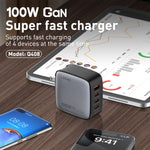 Carregador LDNIO Q408 100W GaN USB+3 USB-C / Type-C com Cabo de Dados USB-C / Type-C 100W de 1m, Ficha UE, Ficha UK, Ficha EUA