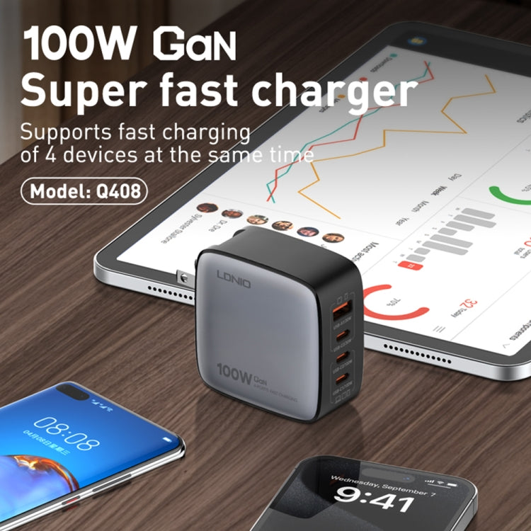 Carregador LDNIO Q408 100W GaN USB+3 USB-C / Type-C com Cabo de Dados USB-C / Type-C 100W de 1m, Ficha UE, Ficha UK, Ficha EUA