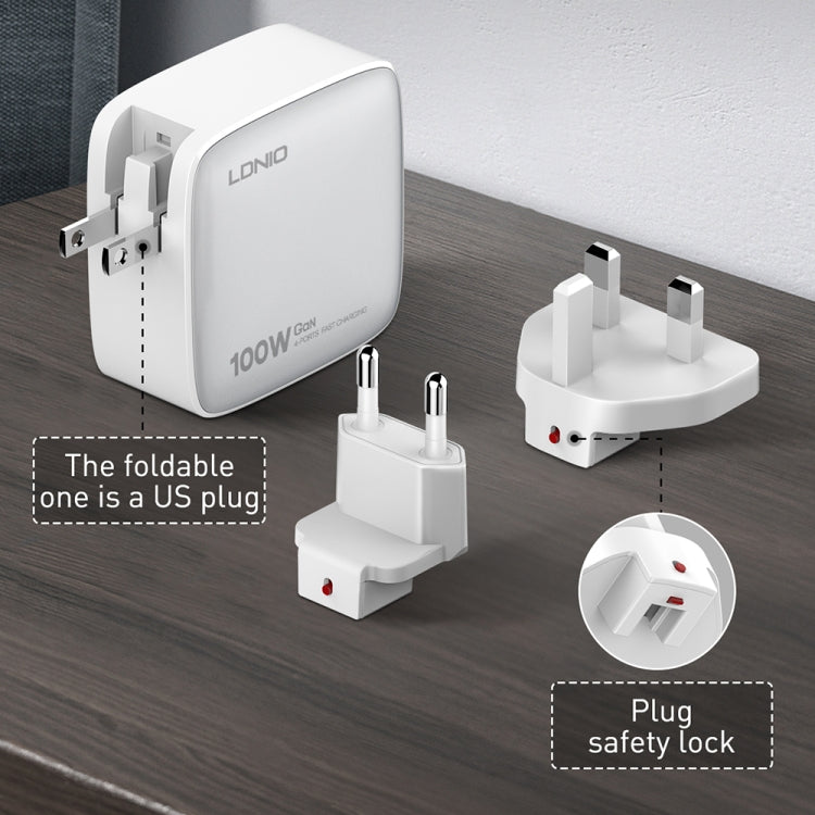 Carregador LDNIO Q408 100W GaN USB+3 USB-C / Type-C com Cabo de Dados USB-C / Type-C 100W de 1m, Ficha UE, Ficha UK, Ficha EUA