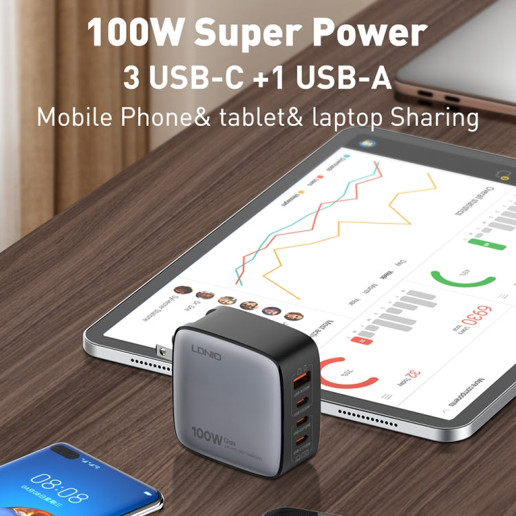 Carregador LDNIO Q408 100W GaN USB+3 USB-C / Type-C com Cabo de Dados USB-C / Type-C 100W de 1m, Ficha UE, Ficha UK, Ficha EUA