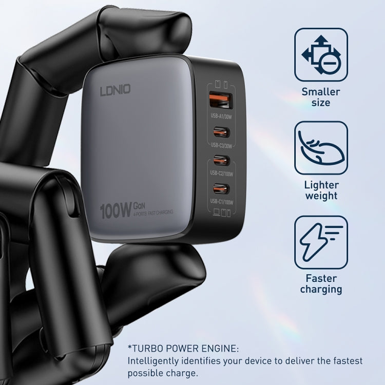 Carregador LDNIO Q408 100W GaN USB+3 USB-C / Type-C com Cabo de Dados USB-C / Type-C 100W de 1m, Ficha UE, Ficha UK, Ficha EUA