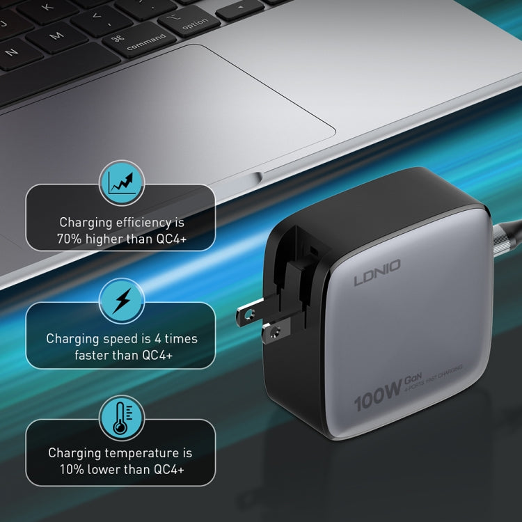 Carregador LDNIO Q408 100W GaN USB+3 USB-C / Type-C com Cabo de Dados USB-C / Type-C 100W de 1m, Ficha UE, Ficha UK, Ficha EUA