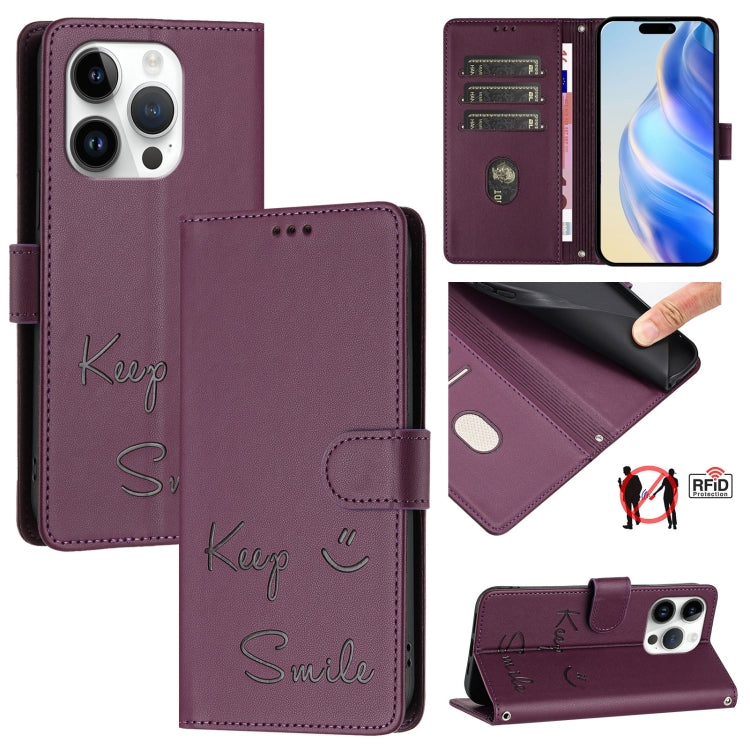 Capa de Telefone em Pele com Relevo Sorriso e RFID, Para iPhone 16, Para iPhone 15 Pro Max, Para iPhone 15 Pro, Para iPhone 15 Plus, Para iPhone 15, Para iPhone 14 Plus, Para iPhone 14 / 13, Para iPhone 14 Pro