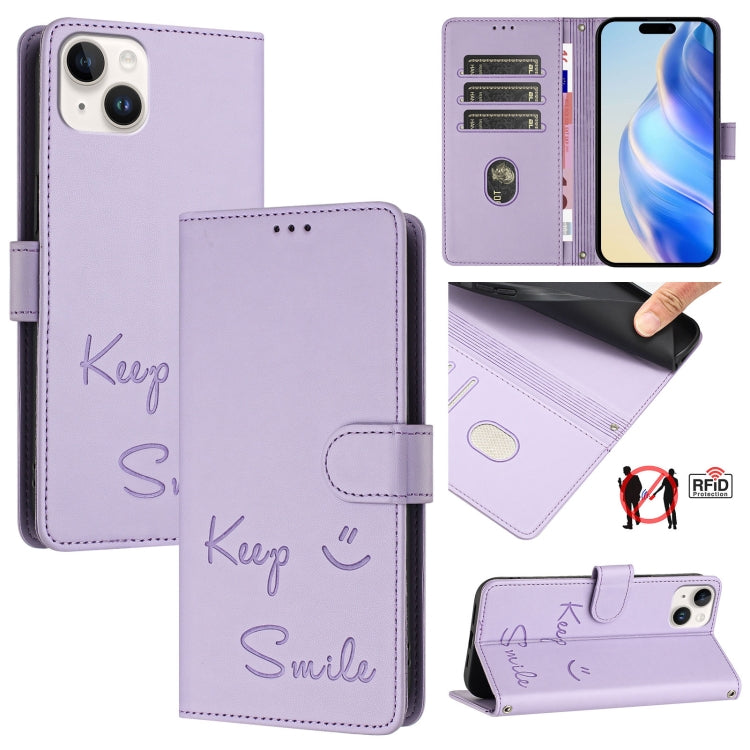 Capa de Telefone em Pele com Relevo Sorriso e RFID, Para iPhone 16, Para iPhone 15 Pro Max, Para iPhone 15 Pro, Para iPhone 15 Plus, Para iPhone 15, Para iPhone 14 Plus, Para iPhone 14 / 13, Para iPhone 14 Pro