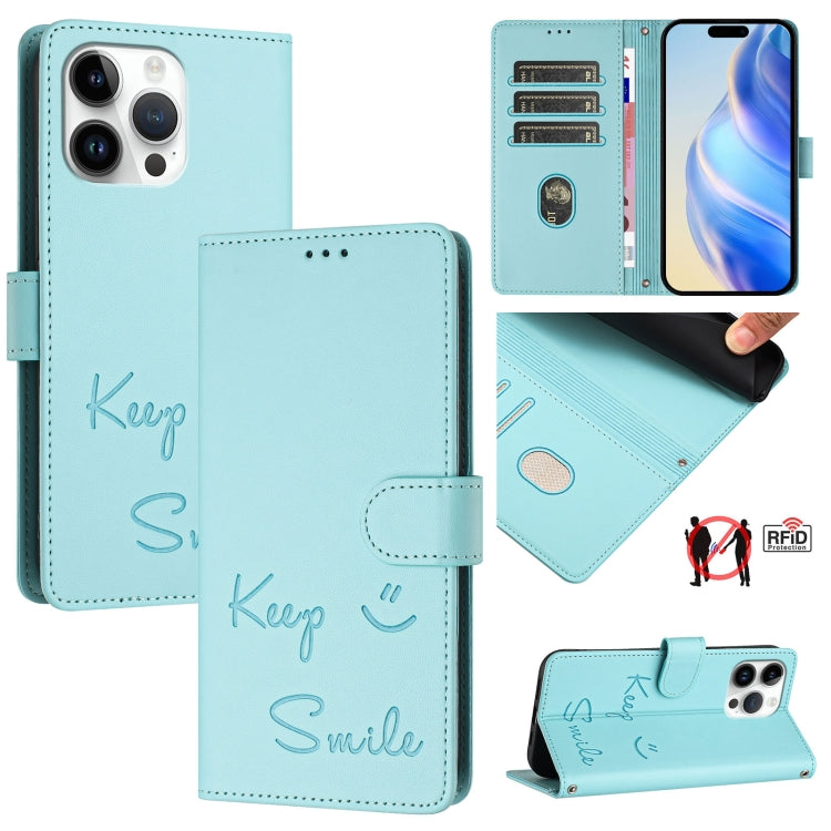 Capa de telemóvel em pele com relevo de sorriso e RFID, para iPhone 14 Pro Max, para iPhone SE 2022 / 2020 / 8 / 7, para iPhone 13 Pro Max, para iPhone 13 Pro, para iPhone 13 mini, para iPhone 12 / 12 Pro, para iPhone 12 Pro Max, para iPhone 12 mini