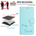Capa de telemóvel em pele com relevo de sorriso e RFID, para iPhone 14 Pro Max, para iPhone SE 2022 / 2020 / 8 / 7, para iPhone 13 Pro Max, para iPhone 13 Pro, para iPhone 13 mini, para iPhone 12 / 12 Pro, para iPhone 12 Pro Max, para iPhone 12 mini