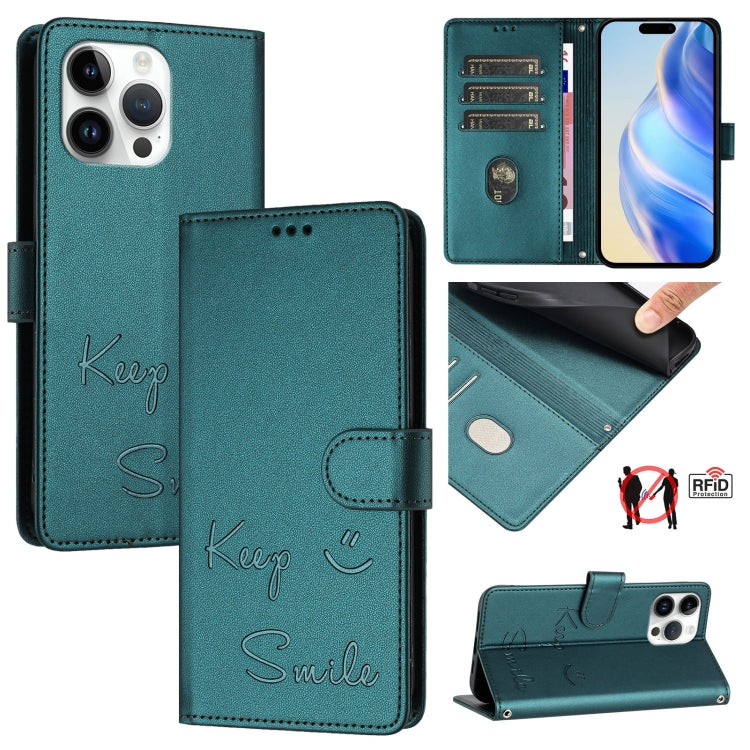 Capa de telemóvel em pele com relevo de sorriso e RFID, para iPhone 14 Pro Max, para iPhone SE 2022 / 2020 / 8 / 7, para iPhone 13 Pro Max, para iPhone 13 Pro, para iPhone 13 mini, para iPhone 12 / 12 Pro, para iPhone 12 Pro Max, para iPhone 12 mini
