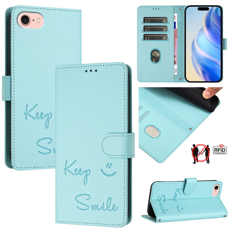 Capa de telemóvel em pele com relevo de sorriso e RFID, para iPhone 14 Pro Max, para iPhone SE 2022 / 2020 / 8 / 7, para iPhone 13 Pro Max, para iPhone 13 Pro, para iPhone 13 mini, para iPhone 12 / 12 Pro, para iPhone 12 Pro Max, para iPhone 12 mini