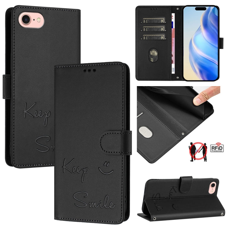 Capa de telemóvel em pele com relevo de sorriso e RFID, para iPhone 14 Pro Max, para iPhone SE 2022 / 2020 / 8 / 7, para iPhone 13 Pro Max, para iPhone 13 Pro, para iPhone 13 mini, para iPhone 12 / 12 Pro, para iPhone 12 Pro Max, para iPhone 12 mini
