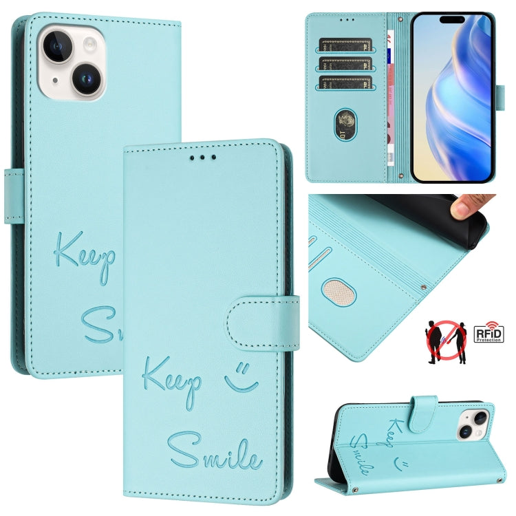 Capa de telemóvel em pele com relevo de sorriso e RFID, para iPhone 14 Pro Max, para iPhone SE 2022 / 2020 / 8 / 7, para iPhone 13 Pro Max, para iPhone 13 Pro, para iPhone 13 mini, para iPhone 12 / 12 Pro, para iPhone 12 Pro Max, para iPhone 12 mini