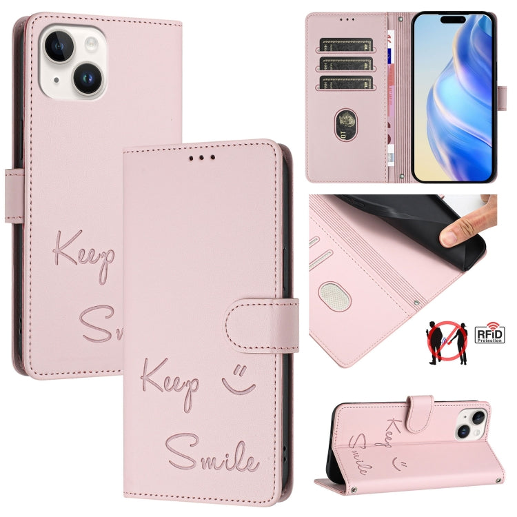 Capa de telemóvel em pele com relevo de sorriso e RFID, para iPhone 14 Pro Max, para iPhone SE 2022 / 2020 / 8 / 7, para iPhone 13 Pro Max, para iPhone 13 Pro, para iPhone 13 mini, para iPhone 12 / 12 Pro, para iPhone 12 Pro Max, para iPhone 12 mini