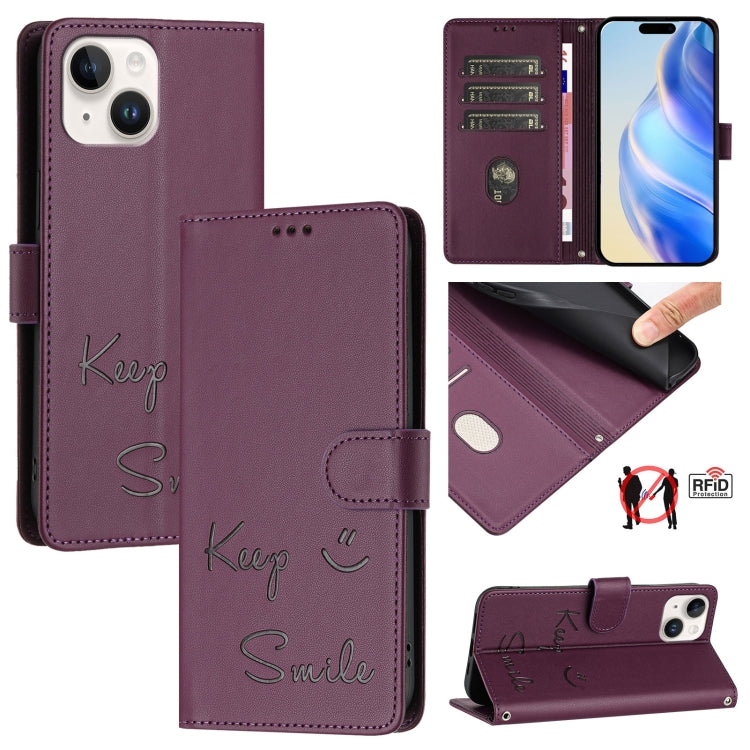 Capa de telemóvel em pele com relevo de sorriso e RFID, para iPhone 14 Pro Max, para iPhone SE 2022 / 2020 / 8 / 7, para iPhone 13 Pro Max, para iPhone 13 Pro, para iPhone 13 mini, para iPhone 12 / 12 Pro, para iPhone 12 Pro Max, para iPhone 12 mini